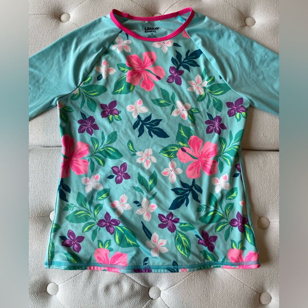 Lands' End Teal and Pink Floral Swim Top